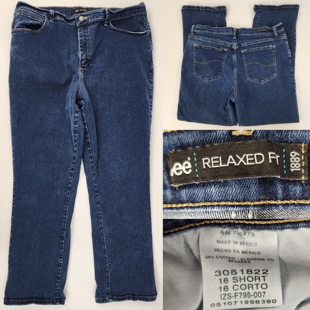 Lee Womens Jeans 16 Short 34x28 Relaxed Straight Leg Mid Rise Distressed Blue